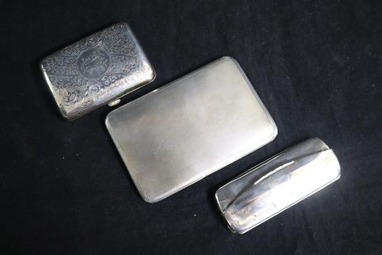 Two silver cigarette cases and a silver spectacles case.